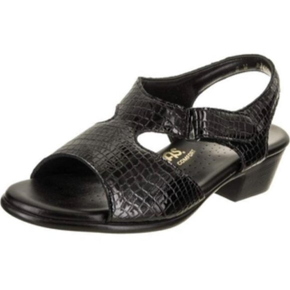 SAS San Antonio Shoemakers Black Leather Croc Embossed Suntimer Sandals Size 8.5 - Picture 1 of 10